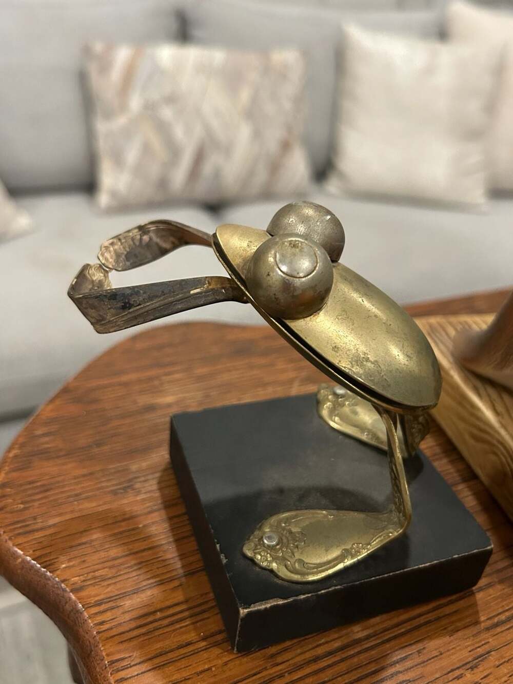 Vintage Brutalist Metal Spoon Art Frog Figurine on Wooden Base
